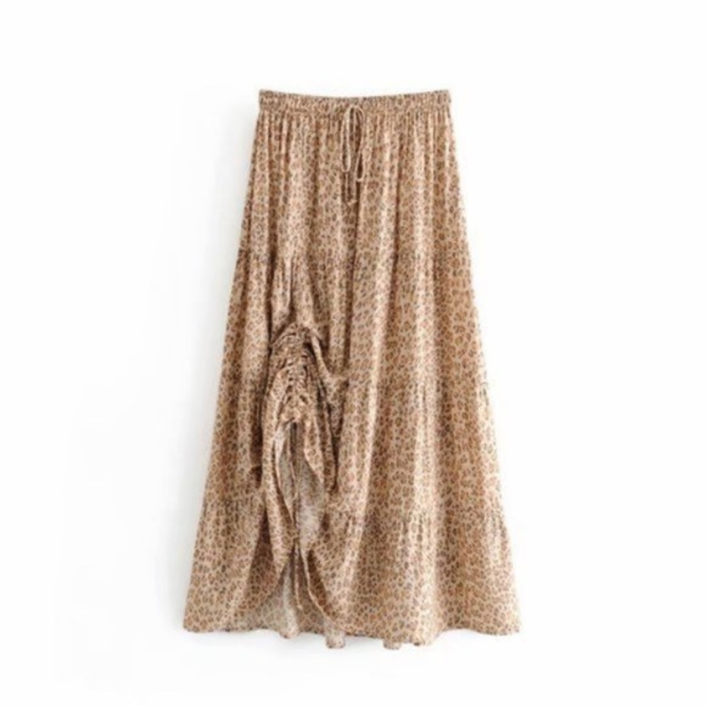 047 Boho Leopard Drawstring Ruffle Maxi Skirt Brown - Picture 2 of 9
